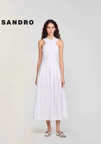 Váy maxi Sandro cổ yếm trắng