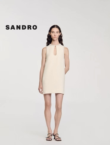 Váy Sandro tweed trắng cổ giọt lệ đá dáng suông