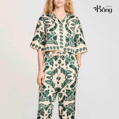 Set lụa hoa xanh Sandro (Sơ mi + Quần suông không tách)