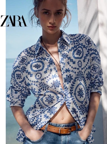 Sơ mi Zara trắng cổ đức thêu ren chỉ