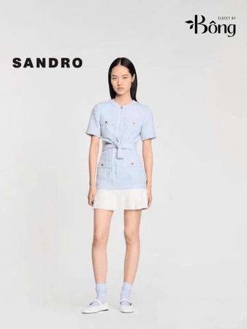 Váy dạ Sandro cộc tay 4 túi trước màu xanh kèm belt chân xếp ly