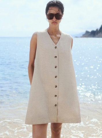 Váy COS linen sát nách khuy trước dáng A kèm belt
