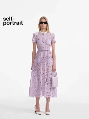 Váy Sel-Portrait ren 3D hồng cổ trắng dáng midi kèm belt