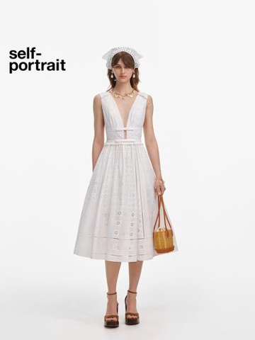 Váy maxi Sel-Portrait ren dập sát nách nơ ngực