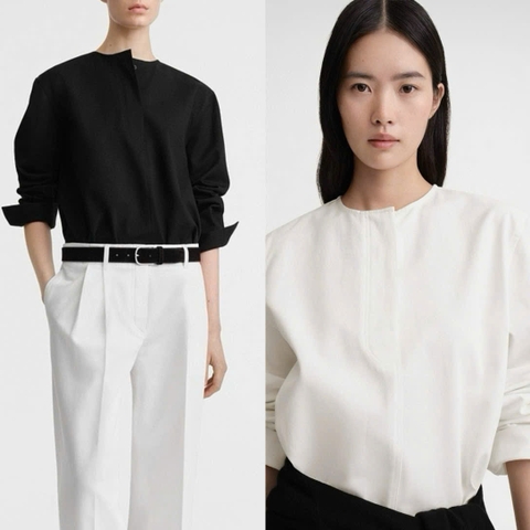 Sơ mi dáng loose cổ tròn khuy ngực