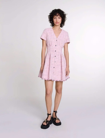 Đầm ngắn tweed ôm eo viền tua rua