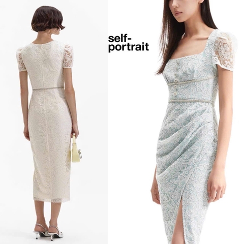 Váy Sel-Porrtrait ren 3D cổ vuông đính đá