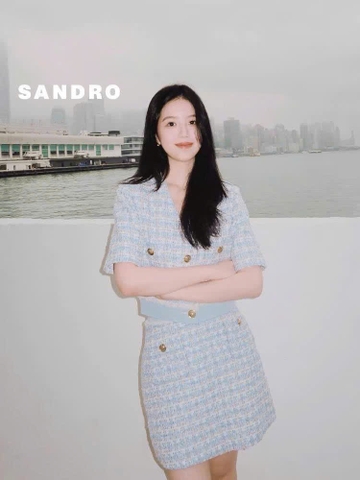 Set Sandro tweed xanh cải denim