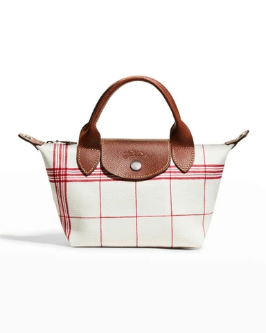 Túi Longchamp canvas trắng kẻ đỏ sz mini