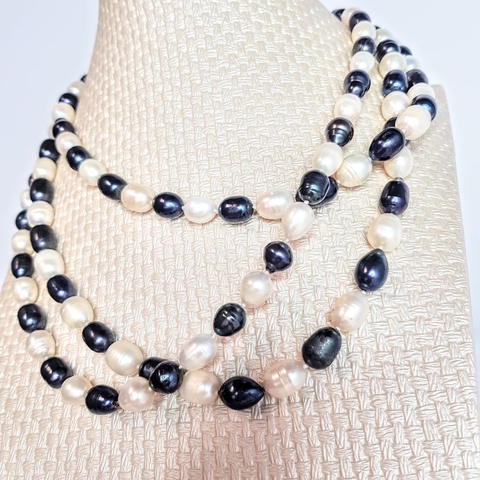 Vòng cổ Ngọc trai Cao cấp - ChuỗI đơn dàI - BLACK WHITE PEARL (8-12ly) - CTJ1004 + Tặng kèm khoá tạo kiểu