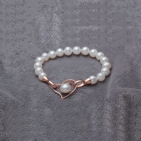 Vòng tay ngọc trai Thiên nhiên - Dây đơn tròn tim ngọc - HEART TWO PEARL (8-9ly) - CTJ2004