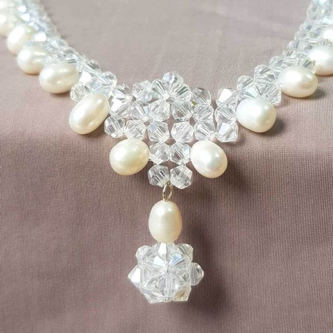 Vòng cổ Ngọc trai tự nhiên Cao cấp hạt lệch Mix phale - Crystal Pearl (6-7ly) - CTJ0110