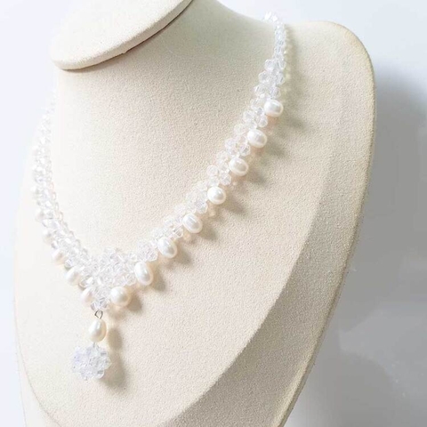 Vòng cổ Ngọc trai tự nhiên Cao cấp hạt lệch Mix phale - Crystal Pearl (6-7ly) - CTJ0110