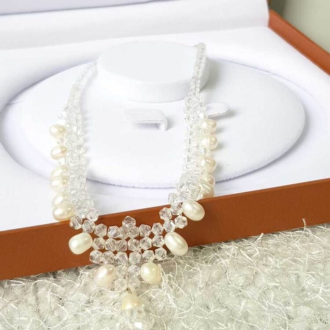 Vòng cổ Ngọc trai tự nhiên Cao cấp hạt lệch Mix phale - Crystal Pearl (6-7ly) - CTJ0110