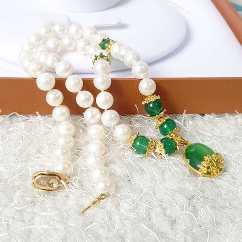 Bộ trang sức Ngọc trai Cao cấp 2M Chuỗi đơn Mix mã não - Quà tặng Mẹ - NULLAN PEARL (8ly) - CTJ0210