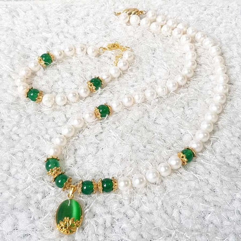 Bộ trang sức Ngọc trai Cao cấp 2M Chuỗi đơn Mix mã não - Quà tặng Mẹ - NULLAN PEARL (8ly) - CTJ0210