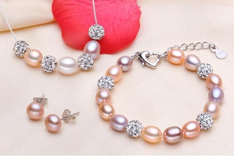 Bộ trang sức Ngọc trai nước ngọt Thiên nhiên Cao cấp 3M - Chuỗi đơn phối gốm - WENDY PEARL (8-9ly) - CTJ5508