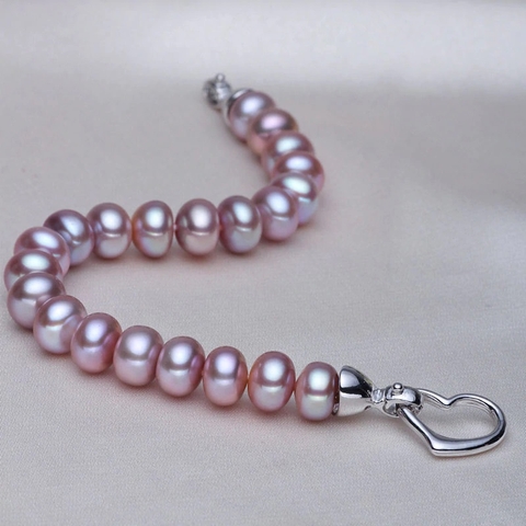 Vòng tay ngọc trai thiên nhiên Cao cấp Chuỗi đơn tròn bánh Khóa trái tim Lock Pearl(8-9ly) - CTJ5408