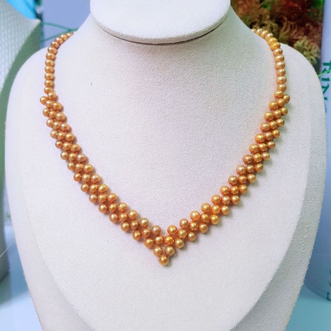 Vòng cổ Ngọc trai nước ngọt Thiên nhiên Cao cấp - Trái tim vàng son - GOLDEN PEARL (5-6ly) - CTJ0212