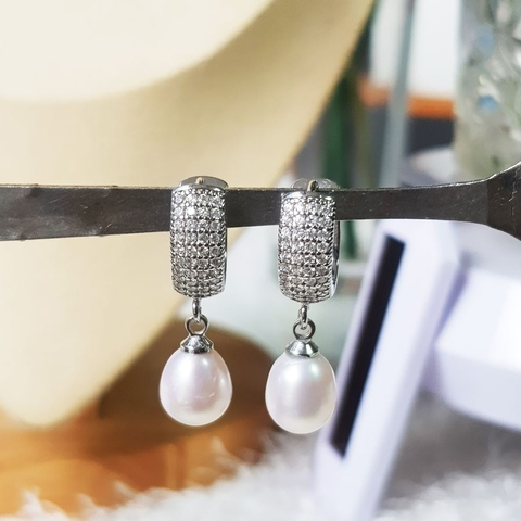 Bông tai Ngọc trai nước ngọt Thiên nhiên Cao cấp - Kiểu móc xoài tinh tế - KAITO PEARL (8-9ly) - CTJ0401