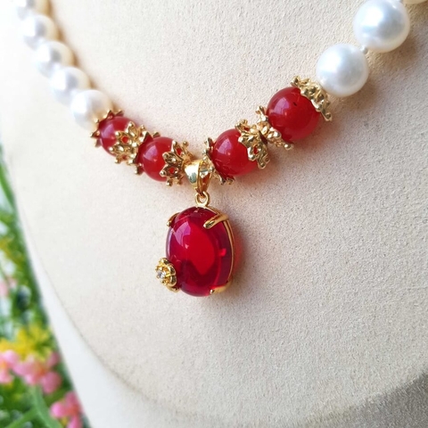 Vòng cổ Ngọc trai nước ngọt Thiên nhiên Cao cấp - Chuỗi đơn tròn Mix đá mã não - Quà tặng Mẹ - NULLAN PEARL (8-9ly) - CTJ1010