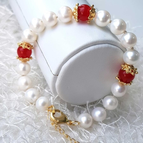 Vòng tay Ngọc trai nước ngọt Thiên nhiên Cao cấp - Chuỗi đơn tròn Mix đá mã não - Quà tặng Mẹ - NULLAN PEARL (8ly) - CTJ1010