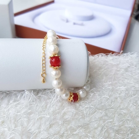 Vòng tay Ngọc trai nước ngọt Thiên nhiên Cao cấp - Chuỗi đơn tròn Mix đá mã não - Quà tặng Mẹ - NULLAN PEARL (8ly) - CTJ1010