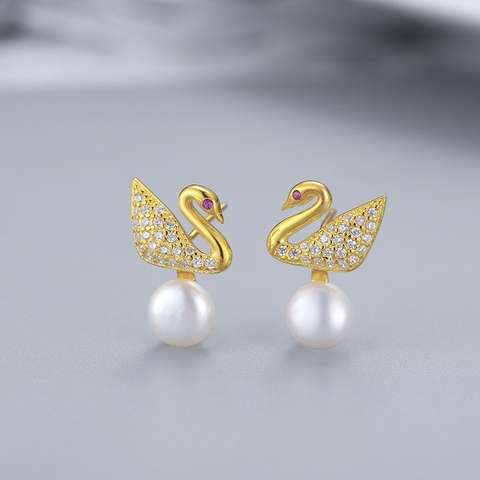 Bông tai Ngọc trai nước ngọt Thiên nhiên Cao cấp - Hồ thiên nga  - SWAN PEARL (6-8ly) - CTJ2010