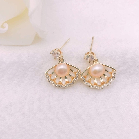 Bông tai Ngọc trai nước ngọt Thiên nhiên Cao cấp - Kiểu treo mẫu con sò tinh tế - SHELL PEARL (6-7ly) - CTJ2302
