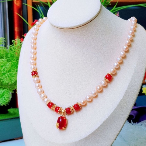 Vòng cổ Ngọc trai nước ngọt Thiên nhiên Cao cấp - ChuỗI đơn tròn Mix đá mã não - Quà tặng mẹ - NULLAN PEARL (8ly) - CTJ2311