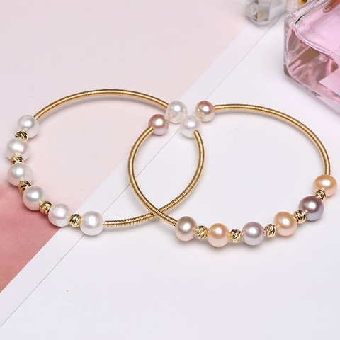 Lắc tay Ngọc trai nước ngọt Thiên nhiên Cao cấp - Kiềng đơn tròn Mix bi vàng - GOLDEN PEARL (6-7ly) - CTJ3110