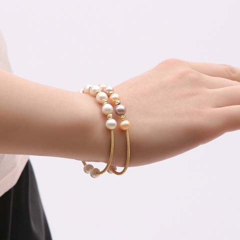Lắc tay Ngọc trai nước ngọt Thiên nhiên Cao cấp - Kiềng đơn tròn Mix bi vàng - GOLDEN PEARL (6-7ly) - CTJ3110