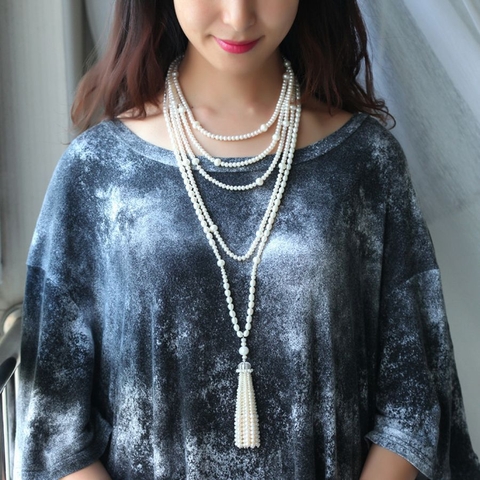 Vòng cổ Ngọc trai nước ngọt Thiên nhiên Cao cấp - Chuỗi đơn dáng dài - Kiểu quý cô ngọc trai - VANES PEARL (5-9ly) - CTJ3410