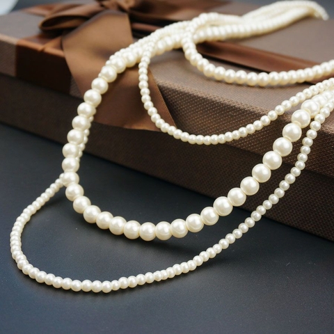 Vòng cổ Ngọc trai nước ngọt Thiên nhiên Cao cấp - ChuỗI đôI dáng dàI cổ đIển - FELIA PEARL (4-9ly) - CTJ4110