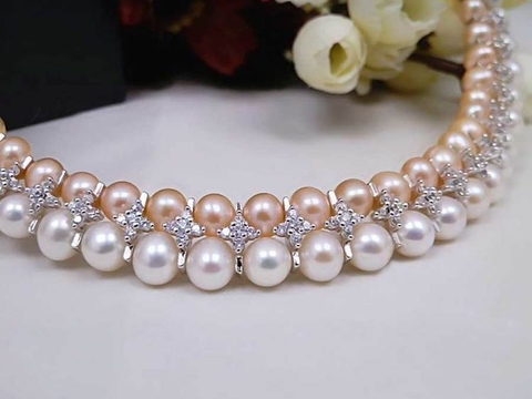 Vòng cổ Ngọc trai tự nhiên Cao cấp hạt tròn Mix Bạc nạm Zircon - CARA PEARL (6-9ly) - CTJ4209N