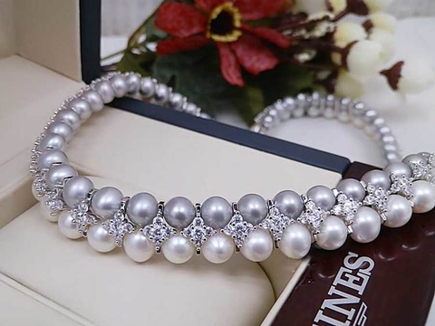 Vòng cổ Ngọc trai tự nhiên Cao cấp hạt tròn Mix Bạc nạm Zircon - CARA PEARL (6-9ly) - CTJ4209N
