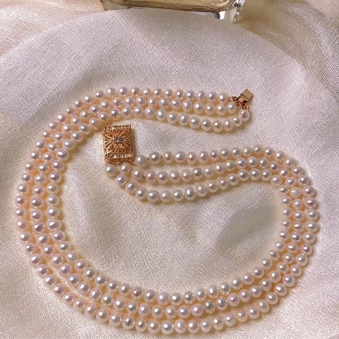 Vòng cổ Ngọc trai nước ngọt Thiên nhiên Cao cấp - Chuỗi 3 hàng tròn sang trọng - LUXURY PEARL (5-6ly) - CTJ4310