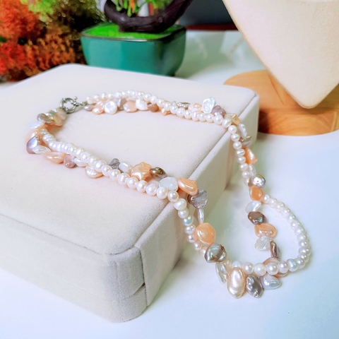 Vòng cổ Ngọc trai nước ngọt Thiên nhiên Cao cấp - Chuỗi đôi Mix Baroque - KYO PEARL (6-10ly) - CTJ4311