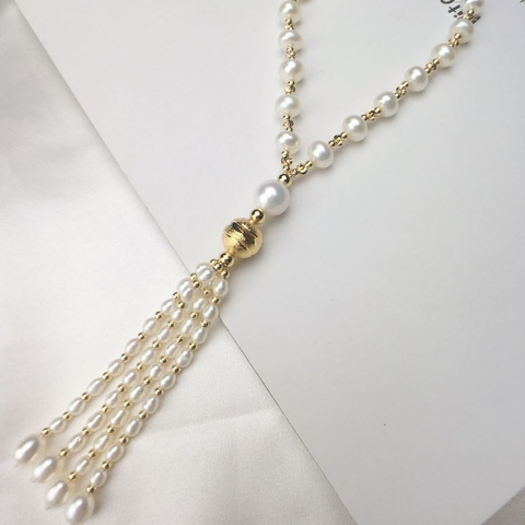 Vòng cổ Ngọc trai nước ngọt Thiên nhiên Cao cấp - Chuỗi đơn dài mix tua rua - TASSEL PEARL (3-9mm) - CTJ4610