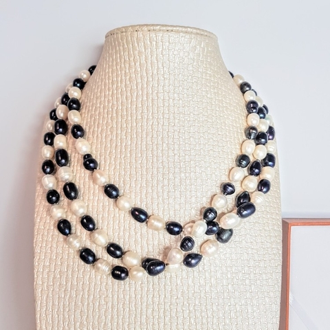 Vòng cổ Ngọc trai Cao cấp - ChuỗI đơn dàI - BLACK WHITE PEARL (8-12ly) - CTJ1004 + Tặng kèm khoá tạo kiểu