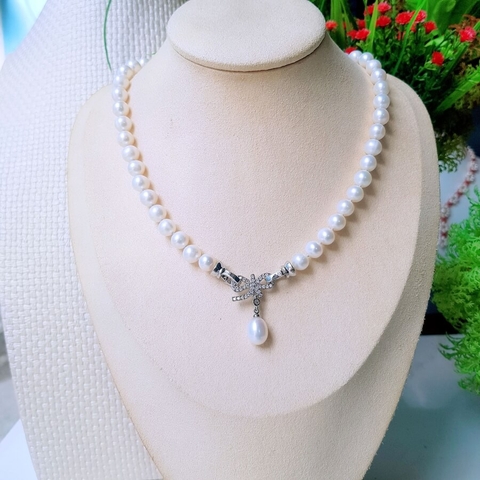 Bộ Trang Sức Ngọc Trai Nước Ngọt Thiên Nhiên Cao Cấp - Chuỗi Đơn Tròn Khóa Nơ - Quà Tặng Bạn Đời- FFOREVER PEARL (8-10ly) - CTJ2702