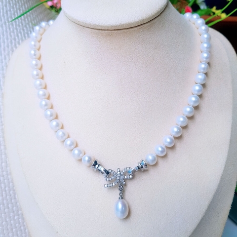 Bộ Trang Sức Ngọc Trai Nước Ngọt Thiên Nhiên Cao Cấp - Chuỗi Đơn Tròn Khóa Nơ - Quà Tặng Bạn Đời- FFOREVER PEARL (8-10ly) - CTJ2702