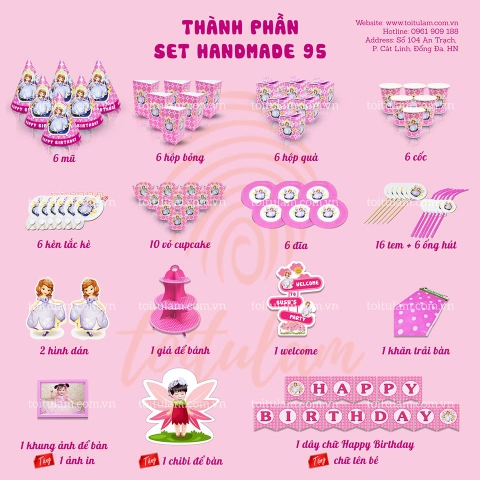 Set bàn handmade công chúa Sofia tím