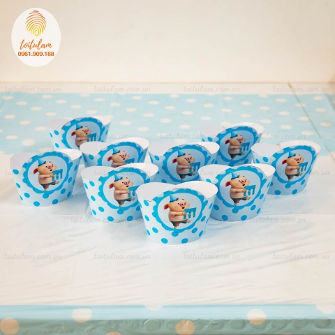 Vỏ bánh cupcake kèm tem chủ đề heo con xanh (set 10)