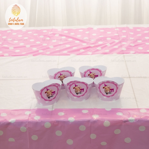 Vỏ bánh cupcake kèm tem chủ đề heo con hồng (set 10)