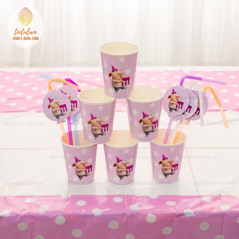 Combo 6 cốc giấy heo con hồng handmade
