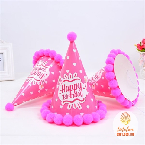 Mũ sinh nhật viền bi HPBD TIM HỒNG