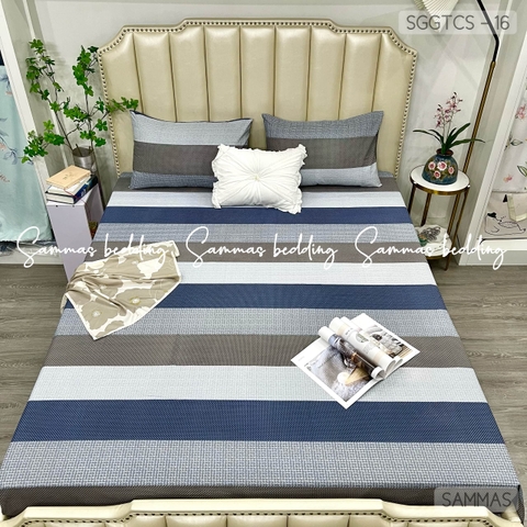 Set ga gối Tencel Smart - Kẻ Ngang Xanh Xám- SGGTCS-16