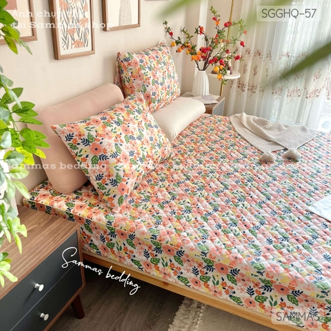 Set Ga Gối Cotton Hàn Quốc Chần Bông - Hoa Sắc Màu - SGGHQ-057