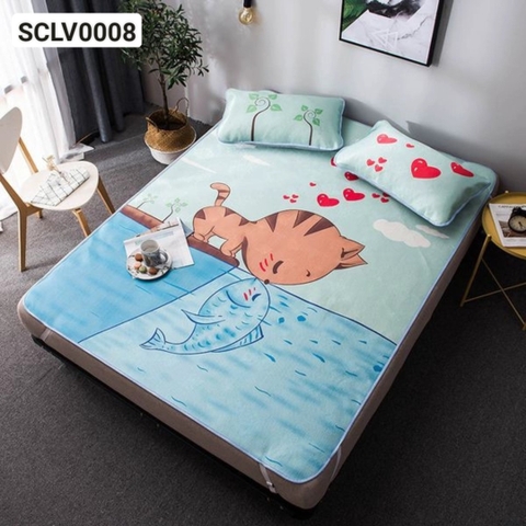 Chiếu Lụa Viscose Hàn Quốc - Mẫu Mèo thơm cá  - Mã: SCLV0008